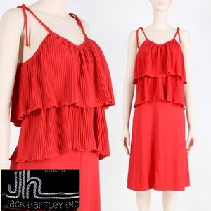 S Vintage 1970s Jack Hartley Red Pleated Tiered Sun Dress 70s